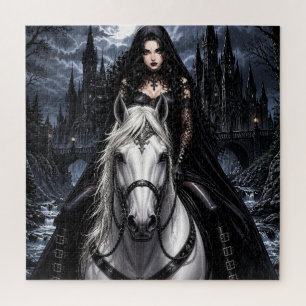 Puzzle Mujer gótica hermosa en caballo blanco