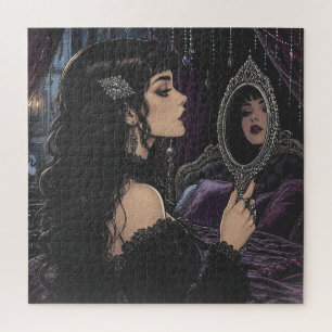 Puzzle Mujer gótica hermosa mirando en espejo antiguo