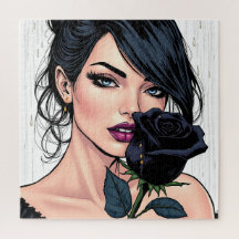 Mujer gótica malhumorada con rosa Estética oscura