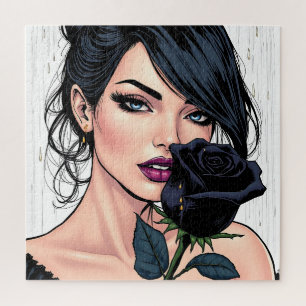 Puzzle Mujer gótica malhumorada con rosa Estética oscura