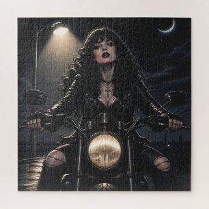 Puzzle Mujer Gótica Romántica Preciosa en Motocicleta
