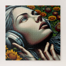 Mujer hermosa con audífonos en girasoles