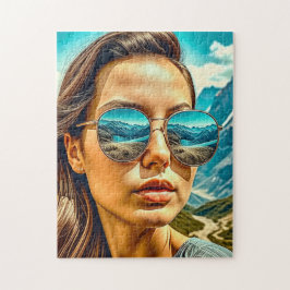 Puzzle Mujer Hermosa con Gafas de Sol Reflexión de Montañ