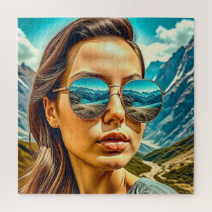 Puzzle Mujer Hermosa con Gafas de Sol Reflexión de Montañ