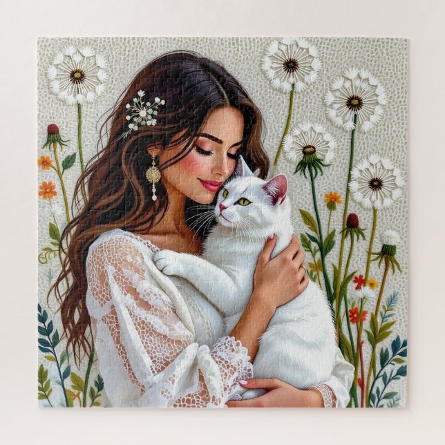 Puzzle Mujer Hermosa, Gato y Dientes de León (Vertical)