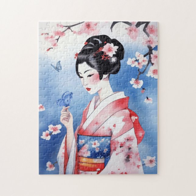 Puzzle Mujer japonesa con mariposa azul (Vertical)