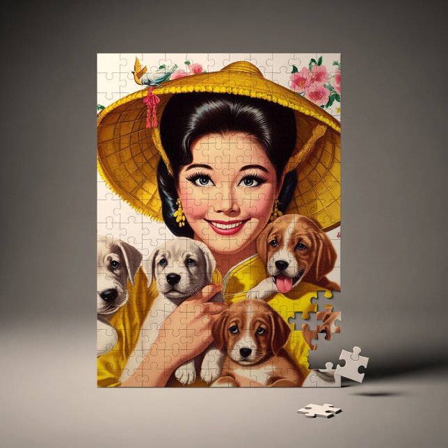 Puzzle Mujer Japonesa Vintage y Cachorros (Subido por el creador)