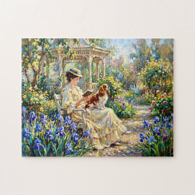 Puzzle Mujer leyendo en el jardín con Cavalier Spaniel (Horizontal)