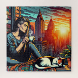 Puzzle Mujer leyendo en la ventana de la ciudad con gato 