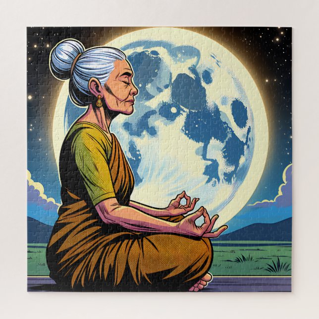 Puzzle Mujer mayor meditando bajo la luna (Vertical)