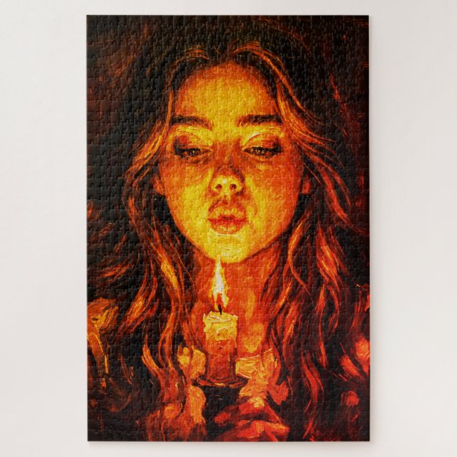 Puzzle Mujer Misteriosa Apagando Vela Óleo Sobre Lienzo (Vertical)