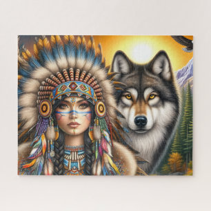 Puzzle Mujer Nativa Americana Con Lobo