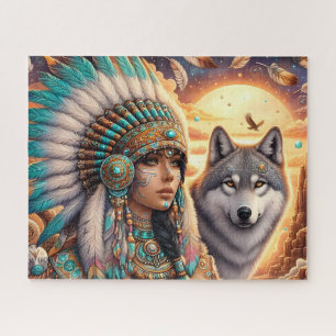 Puzzle Mujer Nativa Americana Hermosa Con Lobo