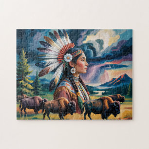Puzzle Mujer Nativa Con Bisonte