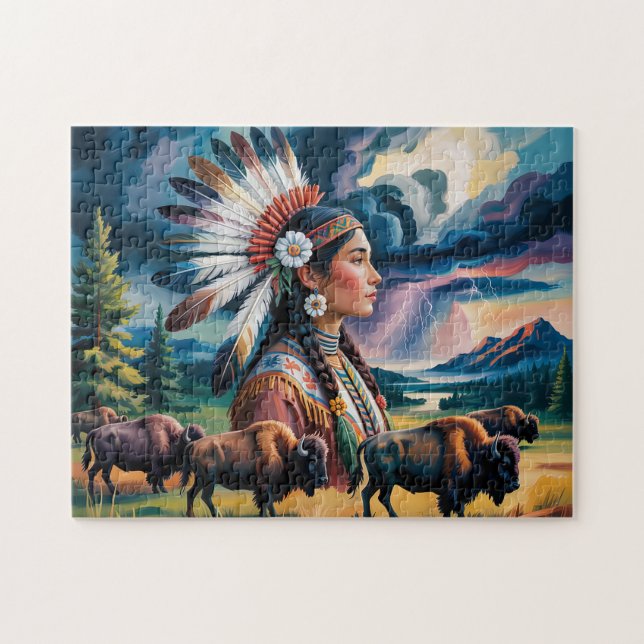 Puzzle Mujer Nativa Con Bisonte (Horizontal)