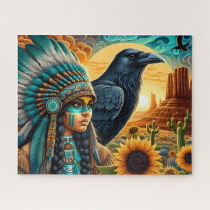 Puzzle Mujer Nativa Hermosa Con Cuervo Y Girasoles