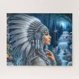 Puzzle Mujer Nativa Hermosa con Tocado en el Bosque