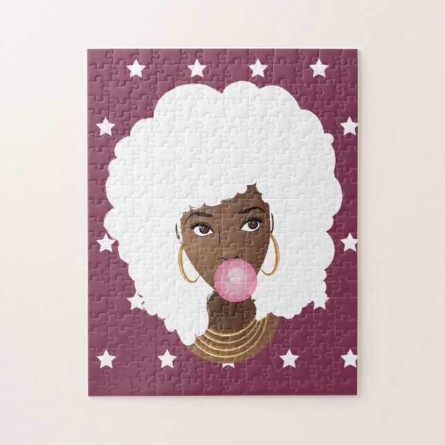 Puzzle Mujer negra con afro blanco, bblegum, estrellas mo (Vertical)