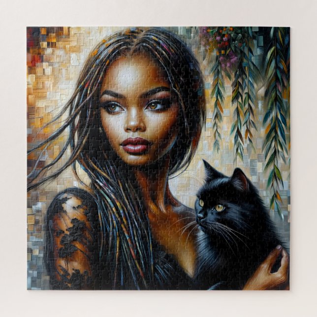Puzzle Mujer negra con arte de gato negro (Vertical)