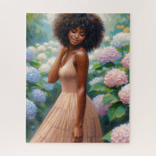 Puzzle Mujer negra entre flores de hortensias