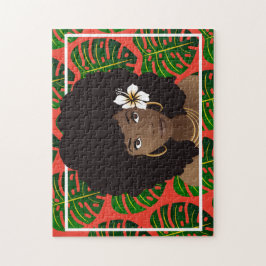 Puzzle Mujer negra, flor en el pelo, hojas tropicales, ro