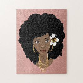 Puzzle Mujer negra, flor en el pelo, Rubor rosa