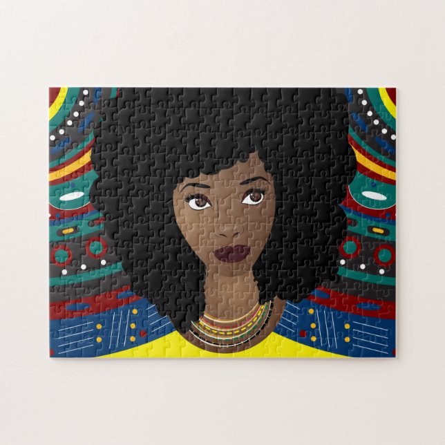 Puzzle Mujer negra, pelo natural, fondo tribal (Horizontal)