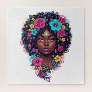 Puzzle Mujer negra profunda con afro adornado con flores