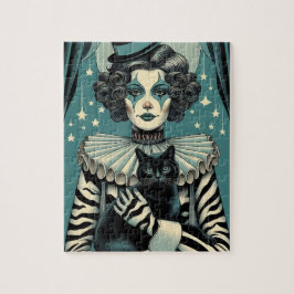 Puzzle Mujer payaso de circo y un gato negro