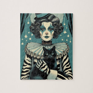 Puzzle Mujer payaso de circo y un gato negro