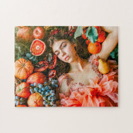 Puzzle Mujer reclinada entre frutas y pétalos