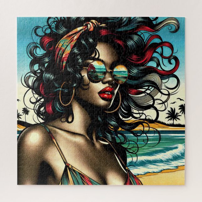 Puzzle Mujer Retro en Playa Estilo Cómic Arte Pop (Vertical)