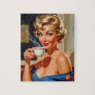 Puzzle Mujer Retro Hermosa con una taza de café