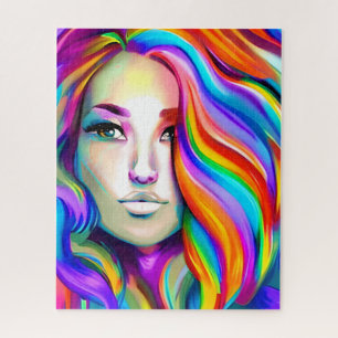 Puzzle Mujer retro moderna con pelo de arco iris