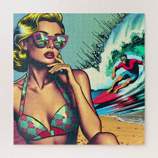 Puzzle Mujer retro rubia y hombre surfista (Vertical)