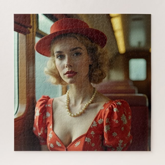 Puzzle Mujer retro vintage en tren (Vertical)