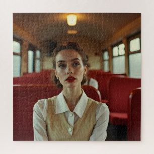 Puzzle Mujer retro vintage en tren