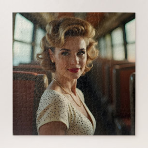 Puzzle Mujer retro vintage en tren