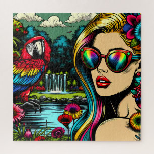 Puzzle Mujer Retro y Loro en el Parque Pop Art