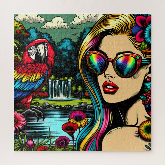 Puzzle Mujer Retro y Loro en el Parque Pop Art (Vertical)