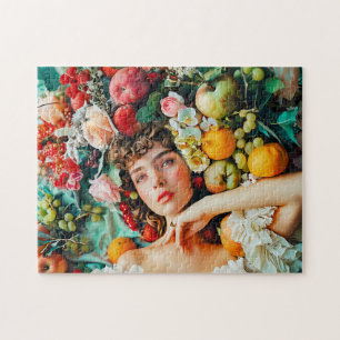 Puzzle Mujer rodeada de frutas y flores
