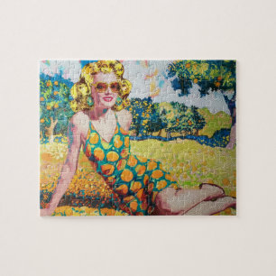 Puzzle Mujer rubia en terreno Naranja