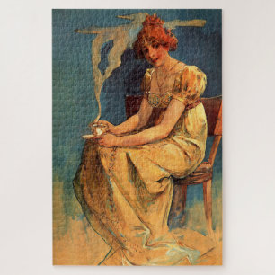 Puzzle Mujer sentada con taza de café - Alphonse Mucha 