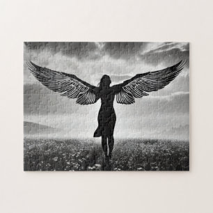 Puzzle Mujer silueta con alas ángel en blanco y negro