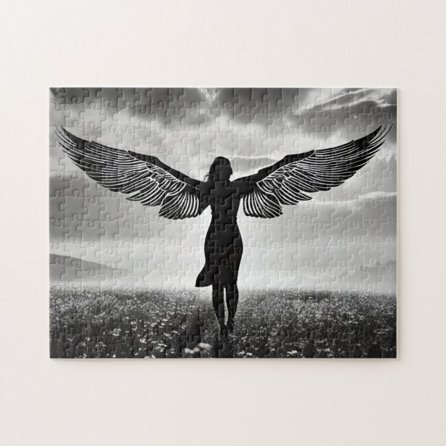Puzzle Mujer silueta con alas ángel en blanco y negro (Horizontal)
