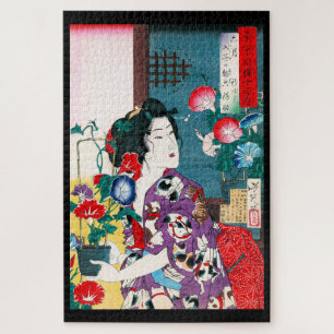 Puzzle Mujer usando kimono con motivos de gato, Yoshitosh