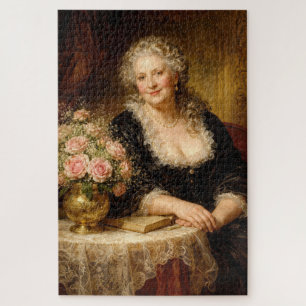 Puzzle Mujer Vintage Posada con Ramo de Rosas