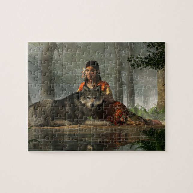 Puzzle Mujer y lobo nativos estadounidenses (Horizontal)