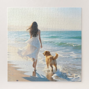 Puzzle Mujer y Perro Paseando por la Playa al Atardecer