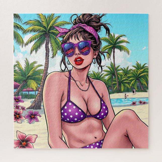 Puzzle Mujeres en Bikini Morado y Bandanna en la playa (Vertical)